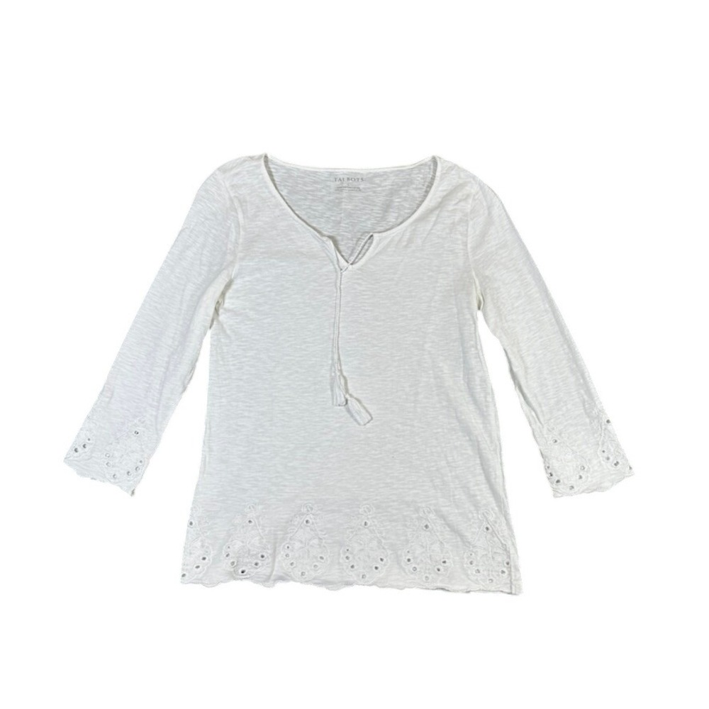Talbots White Cotton Eyelet Embroidered Tassel Tie Top Small